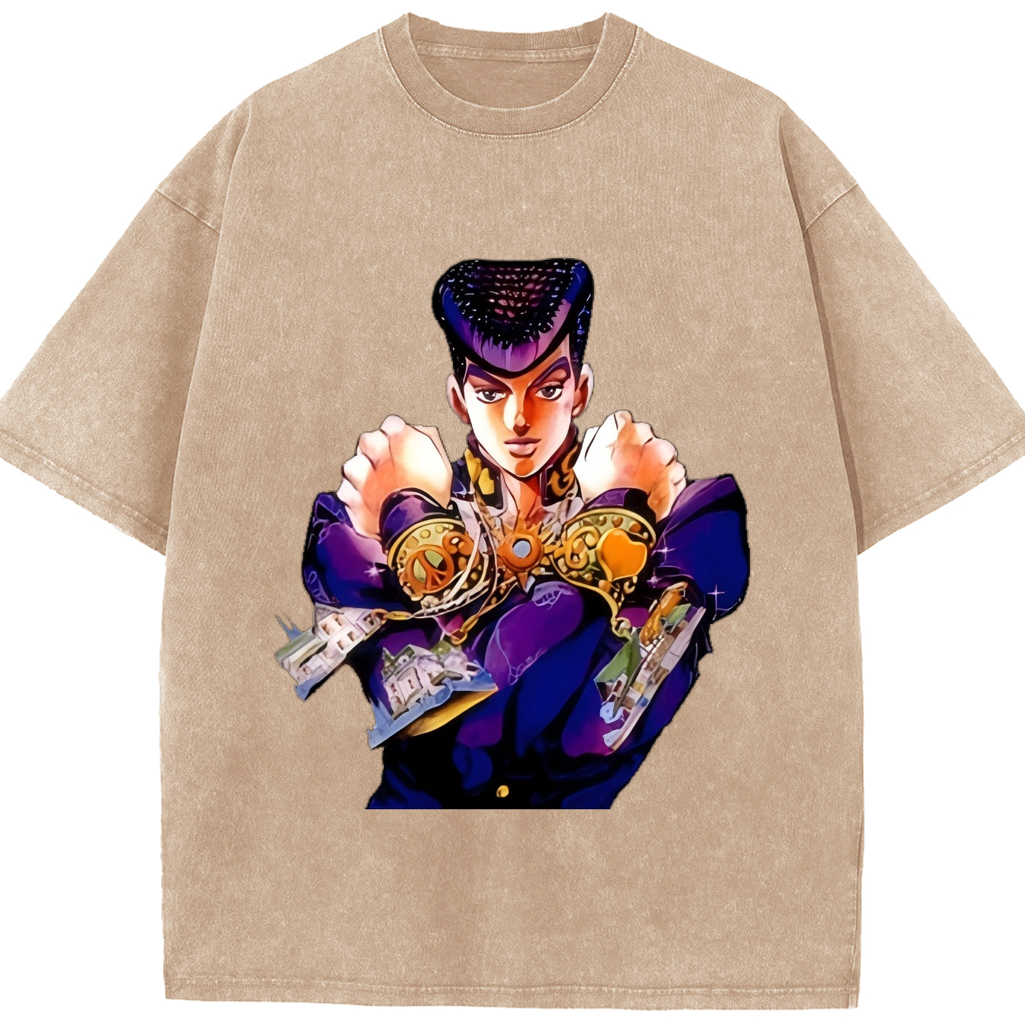 （画像用） ジョジョの奇妙な冒険 ひがしかた じょうすけ JoJo's Bizarre Adventure Higashikata Josuke 綿100% ヴィンテージ風 半袖Tシャツ（フロントプリント）
