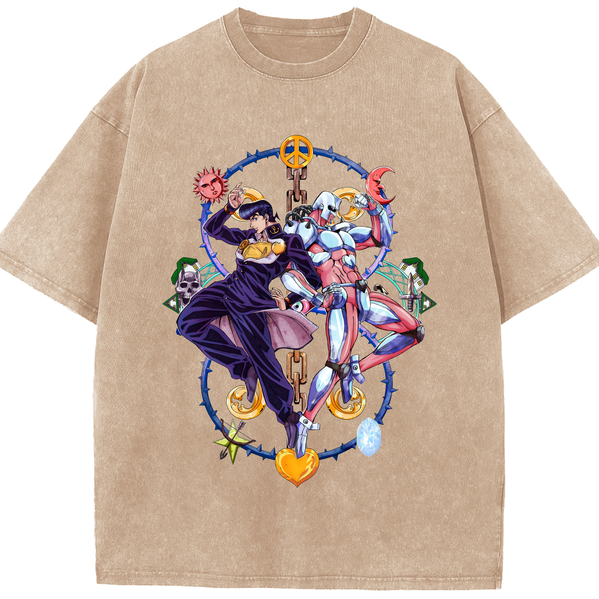 （画像用） ジョジョの奇妙な冒険 ひがしかた じょうすけ JoJo's Bizarre Adventure Higashikata Josuke 綿100% ヴィンテージ風 半袖Tシャツ（フロントプリント）