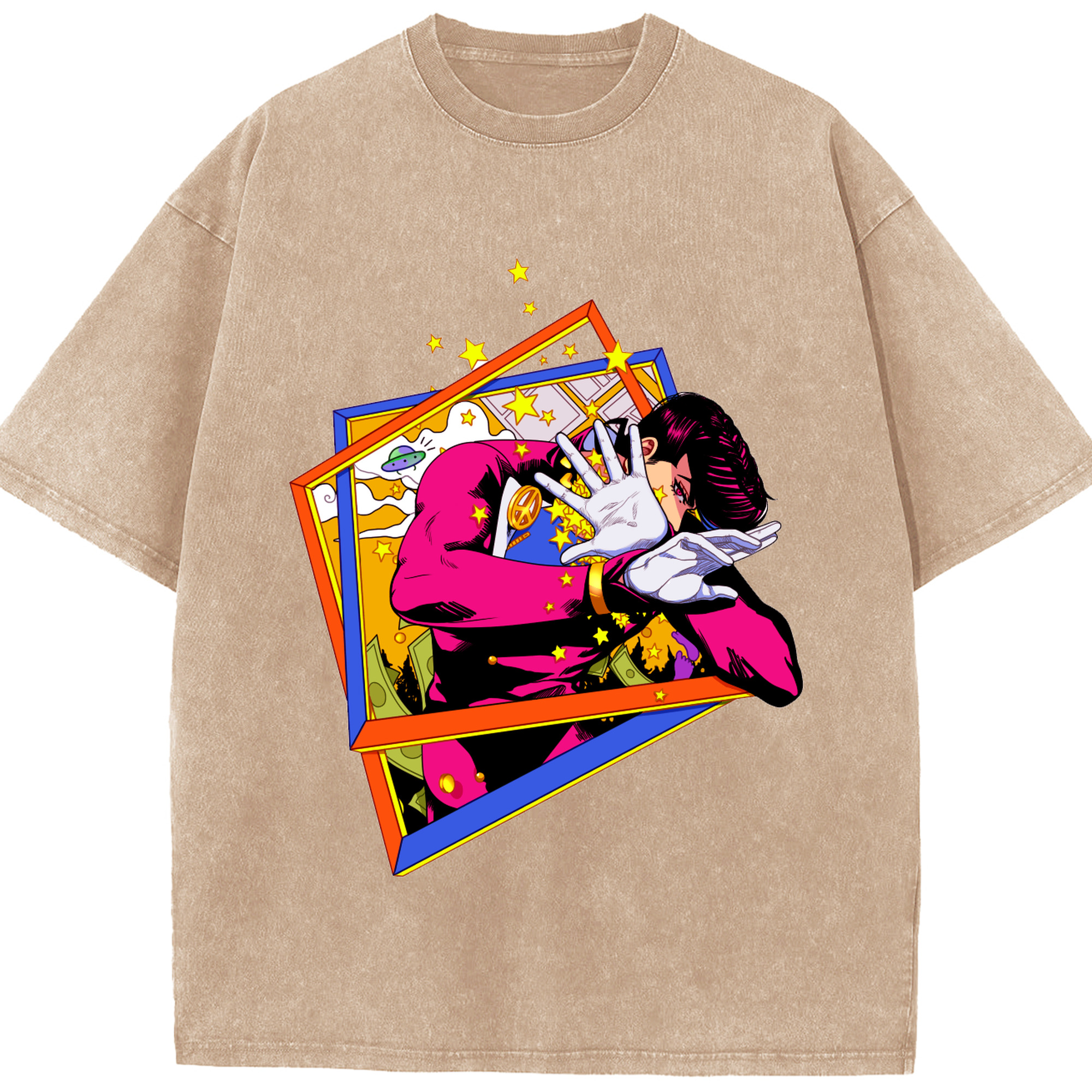 （画像用） ジョジョの奇妙な冒険 ひがしかた じょうすけ JoJo's Bizarre Adventure Higashikata Josuke 綿100% ヴィンテージ風 半袖Tシャツ（フロントプリント）