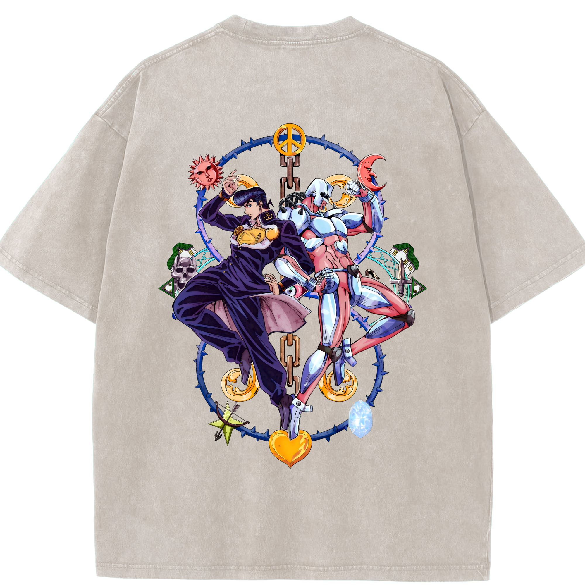 （画像用） ジョジョの奇妙な冒険 ひがしかた じょうすけ JoJo's Bizarre Adventure Higashikata Josuke 綿100% ヴィンテージ風 半袖Tシャツ（背面プリント）
