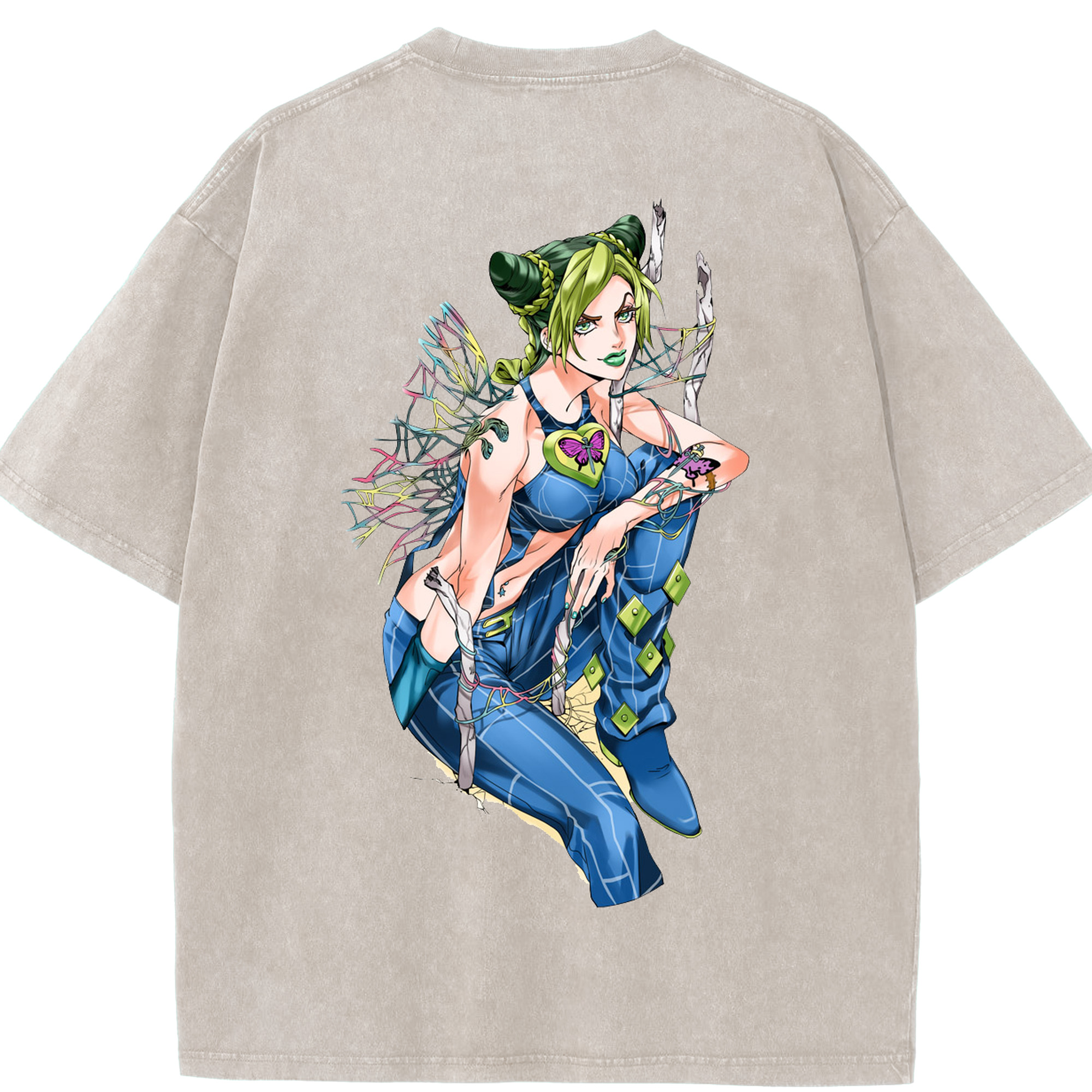 （画像用） "ジョジョの奇妙な冒険 くうじょう ジョリーン JoJo's Bizarre Adventure Jolyne Cujoh " 綿100% ヴィンテージ風 半袖Tシャツ（背面プリント）