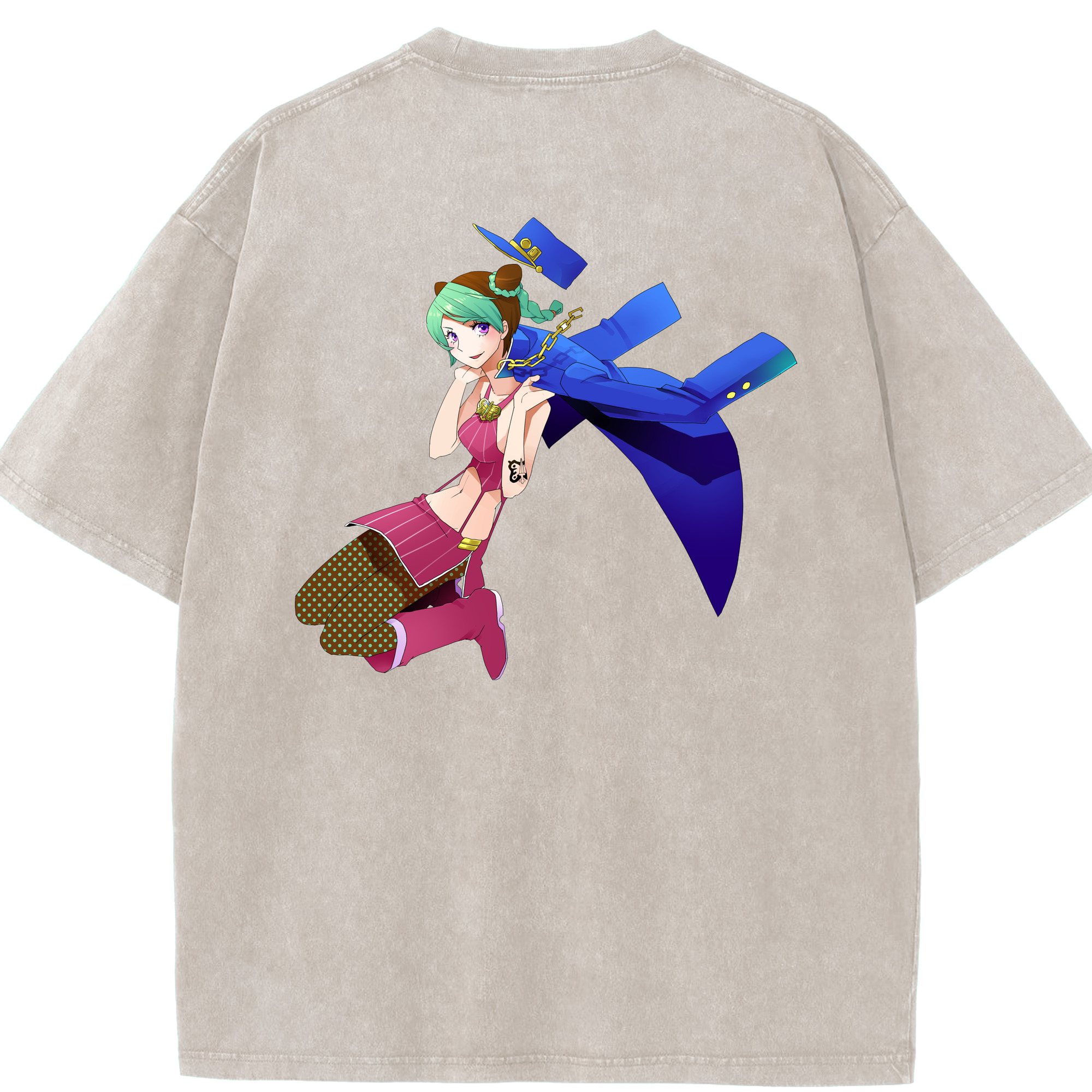 （画像用） "ジョジョの奇妙な冒険 くうじょう ジョリーン JoJo's Bizarre Adventure Jolyne Cujoh " 綿100% ヴィンテージ風 半袖Tシャツ（背面プリント）