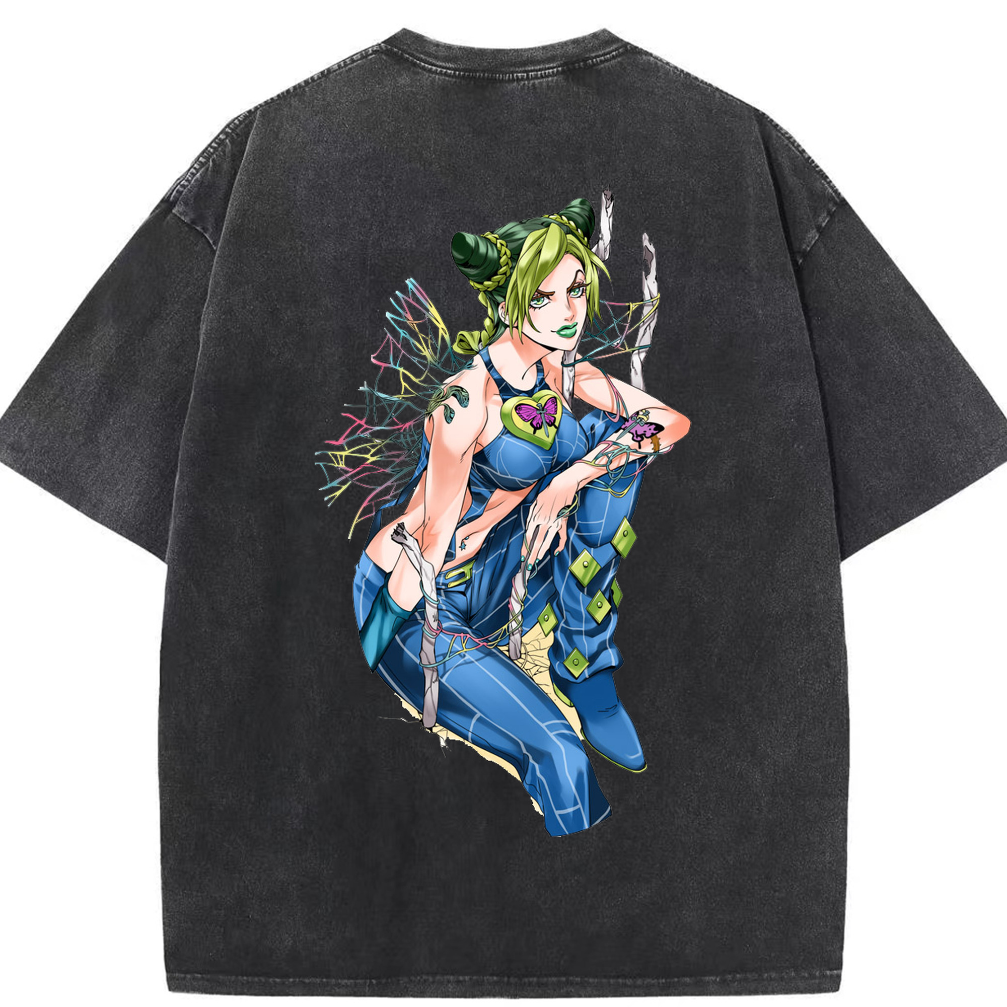 （画像用） "ジョジョの奇妙な冒険 くうじょう ジョリーン JoJo's Bizarre Adventure Jolyne Cujoh " 綿100% ヴィンテージ風 半袖Tシャツ（背面プリント）