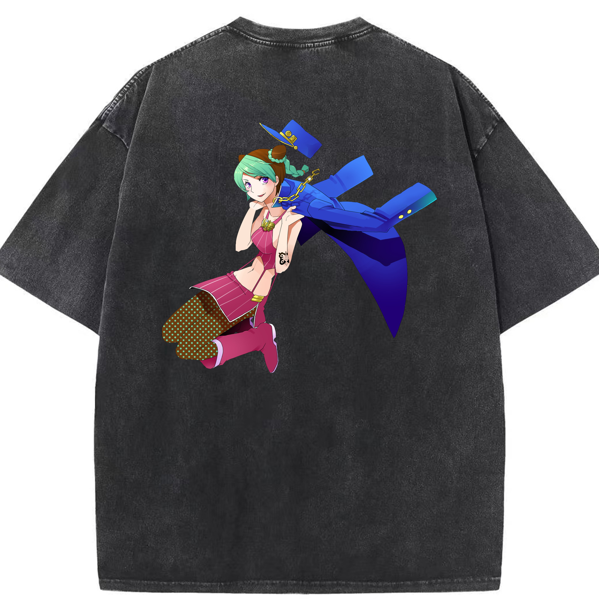 （画像用） "ジョジョの奇妙な冒険 くうじょう ジョリーン JoJo's Bizarre Adventure Jolyne Cujoh " 綿100% ヴィンテージ風 半袖Tシャツ（背面プリント）