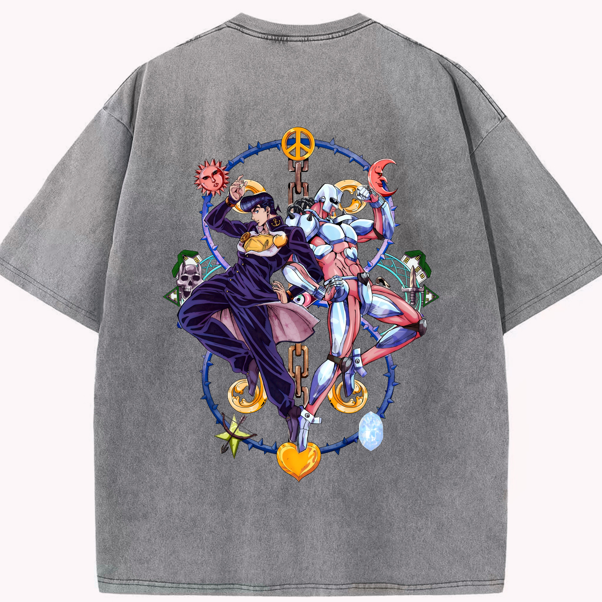 （画像用） ジョジョの奇妙な冒険 ひがしかた じょうすけ JoJo's Bizarre Adventure Higashikata Josuke 綿100% ヴィンテージ風 半袖Tシャツ（背面プリント）