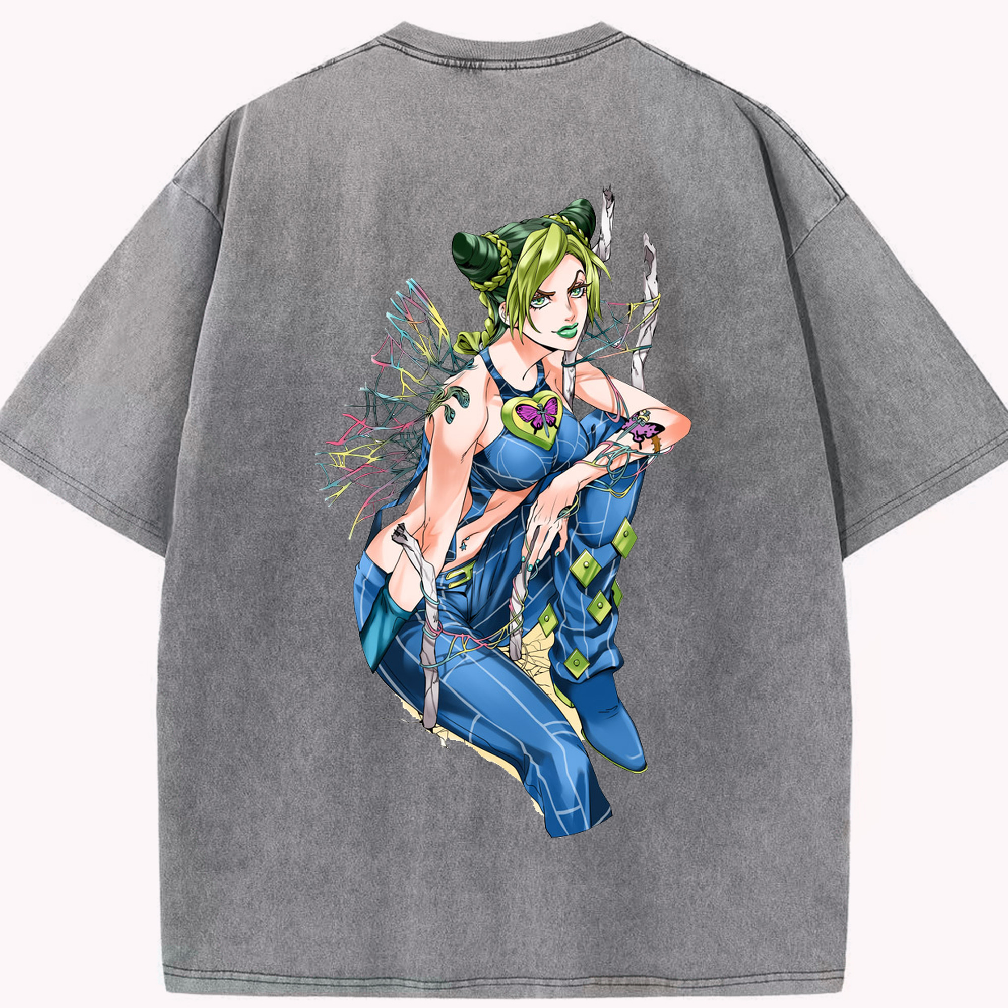 （画像用） "ジョジョの奇妙な冒険 くうじょう ジョリーン JoJo's Bizarre Adventure Jolyne Cujoh " 綿100% ヴィンテージ風 半袖Tシャツ（背面プリント）