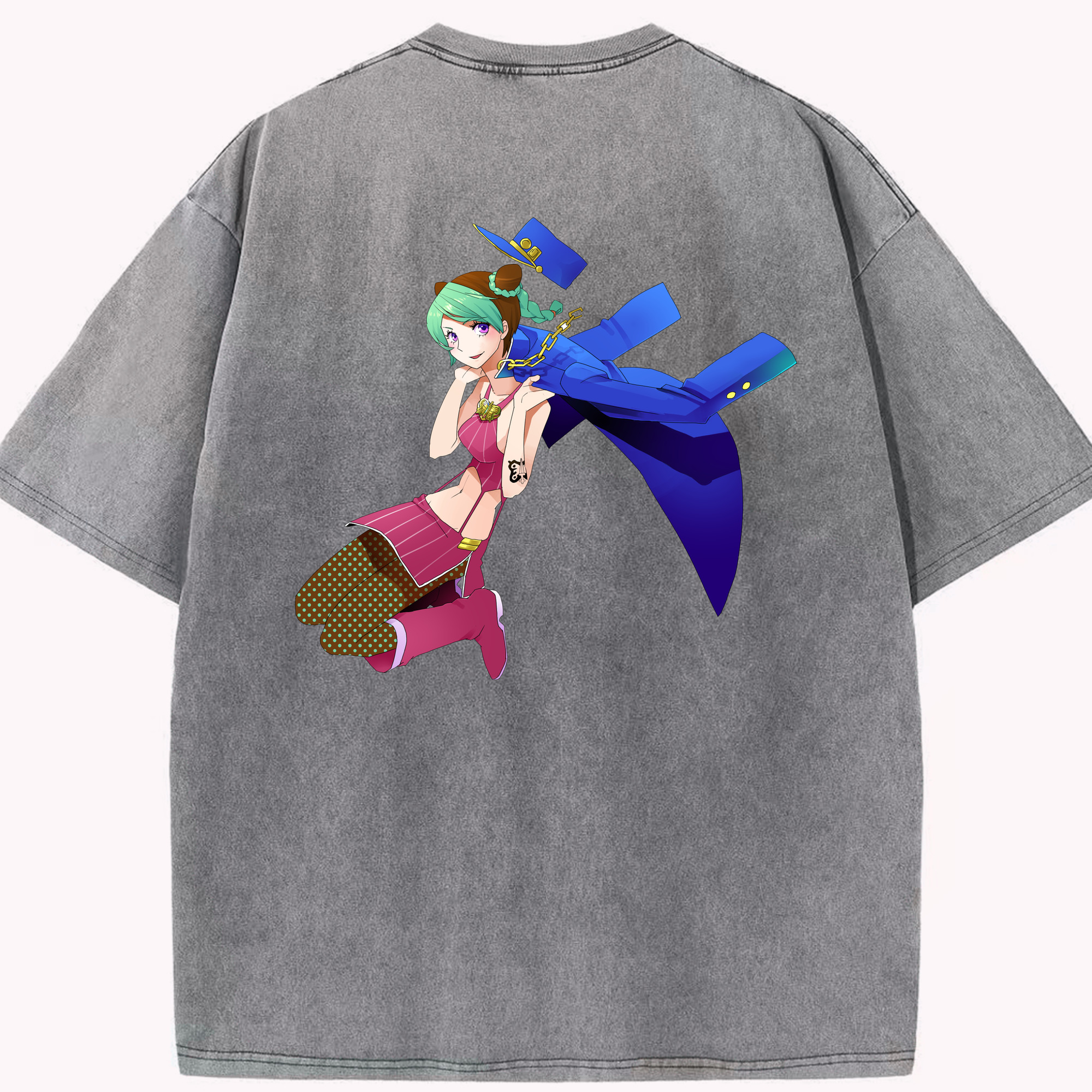 （画像用） "ジョジョの奇妙な冒険 くうじょう ジョリーン JoJo's Bizarre Adventure Jolyne Cujoh " 綿100% ヴィンテージ風 半袖Tシャツ（背面プリント）