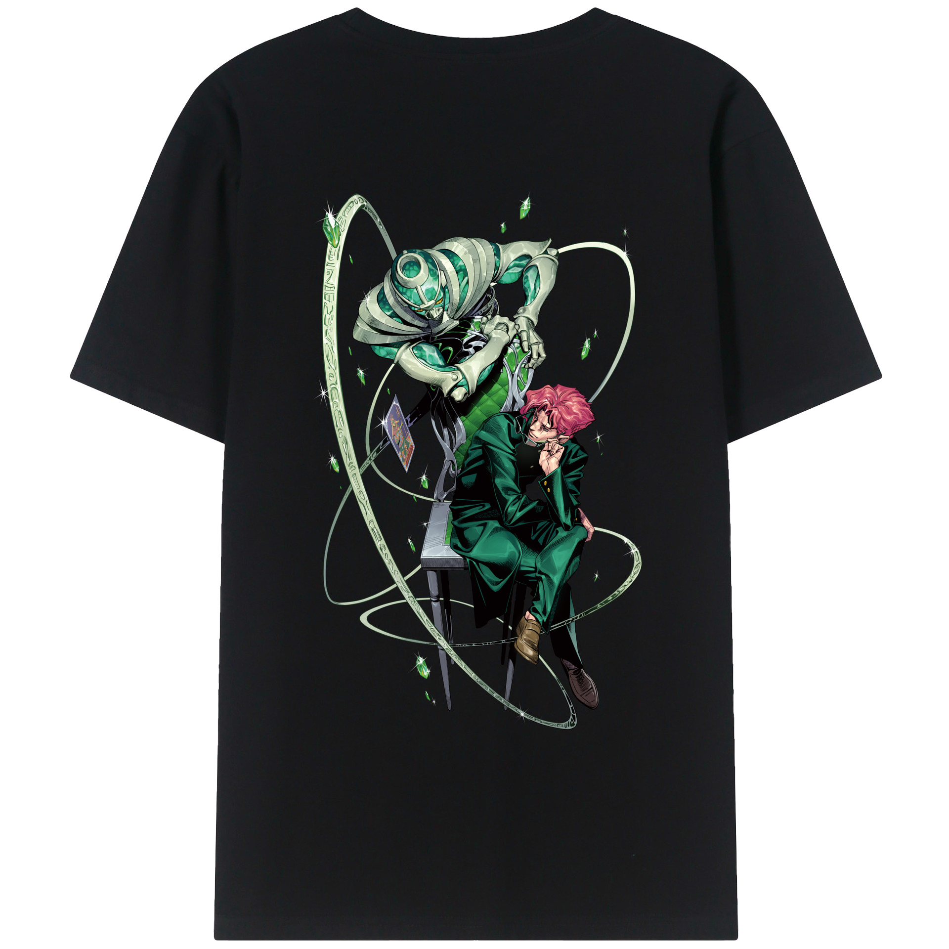 （画像用） ジョジョの奇妙な冒険 花京院 典明（かきょういん のりあき） JoJo's Bizarre Adventure Kakyoin Noriaki 綿100％ メンズ半袖Tシャツ（バックプリント） 通気性