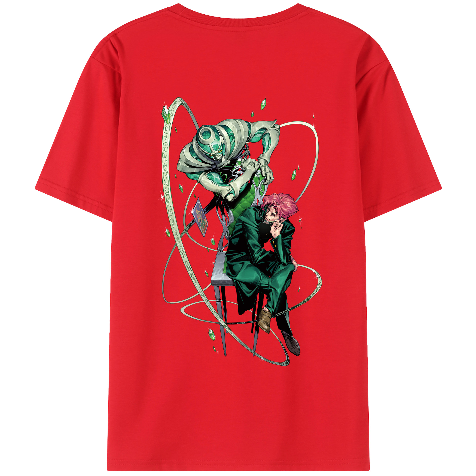（画像用） ジョジョの奇妙な冒険 花京院 典明（かきょういん のりあき） JoJo's Bizarre Adventure Kakyoin Noriaki 綿100％ メンズ半袖Tシャツ（バックプリント） 通気性