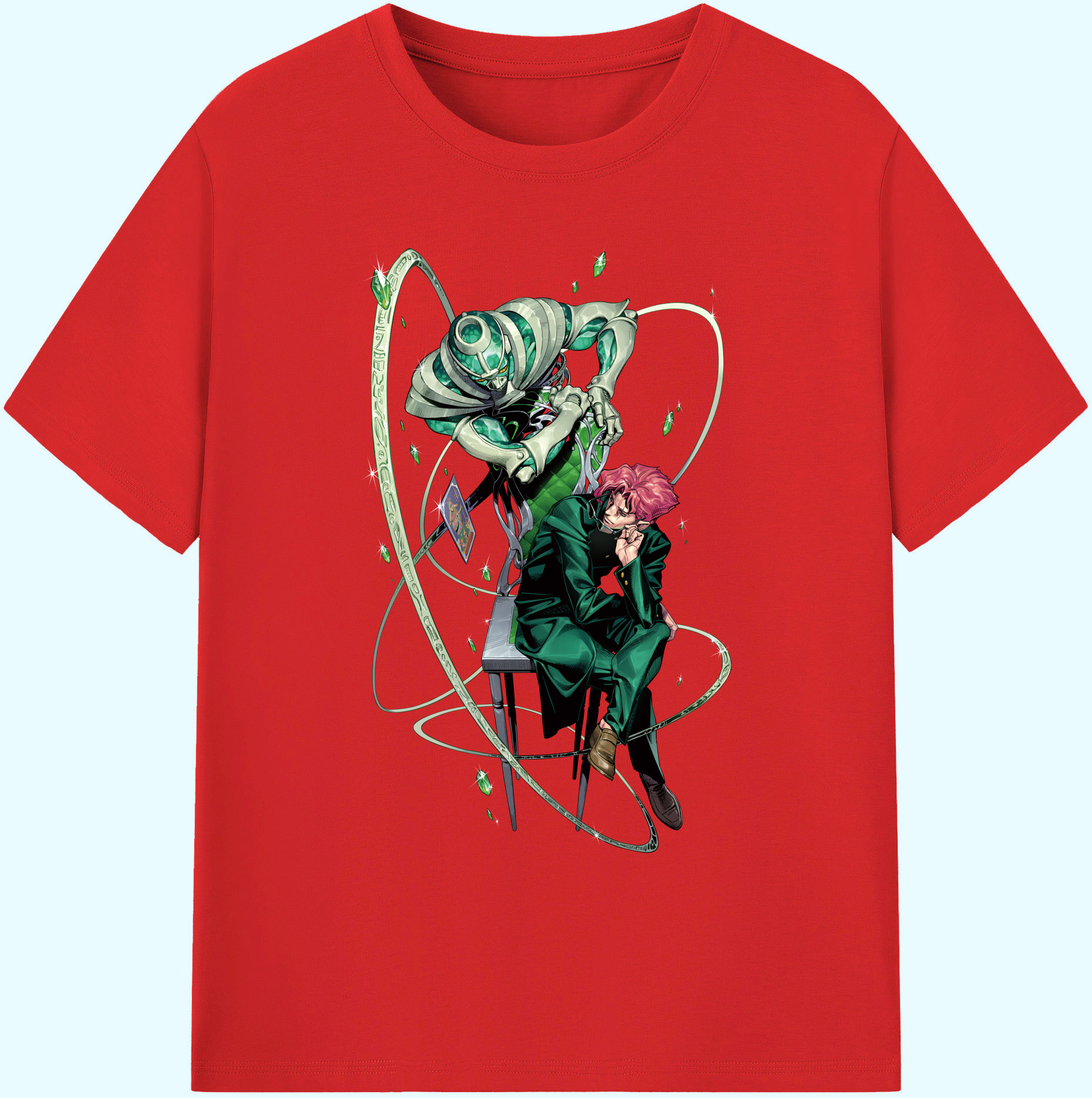 （画像用） ジョジョの奇妙な冒険 花京院 典明（かきょういん のりあき） JoJo's Bizarre Adventure Kakyoin Noriaki 綿100％ メンズ半袖Tシャツ｜肌触りやわらか＆通気性