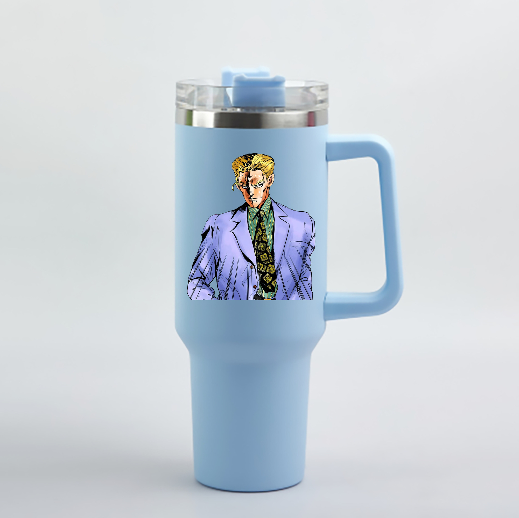 （画像用） ジョジョの奇妙な冒険 きら よしかげ JoJo's Bizarre Adventure Kira Yoshikage 1200mL車用タンブラー - クリスタルステッカー（プラスチックストロー付き）