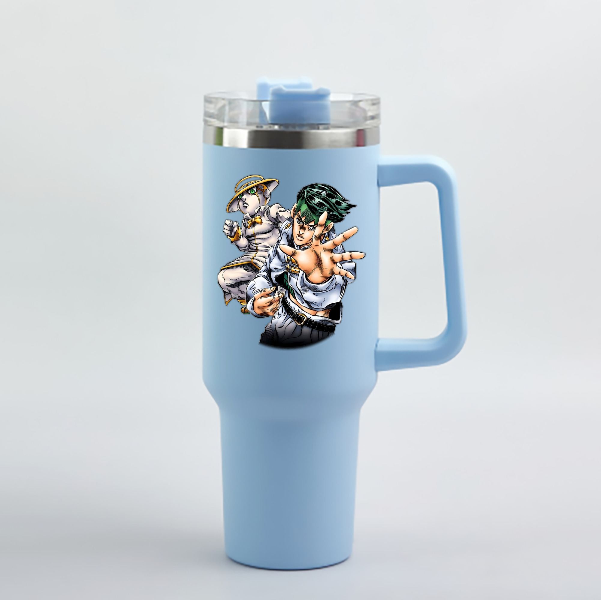 （画像用） ジョジョの奇妙な冒険 岸辺 露伴（きしべ ろはん） JoJo's Bizarre Adventure Rohan Kishibe 1200mL車用タンブラー - クリスタルステッカー（プラスチックストロー付き）