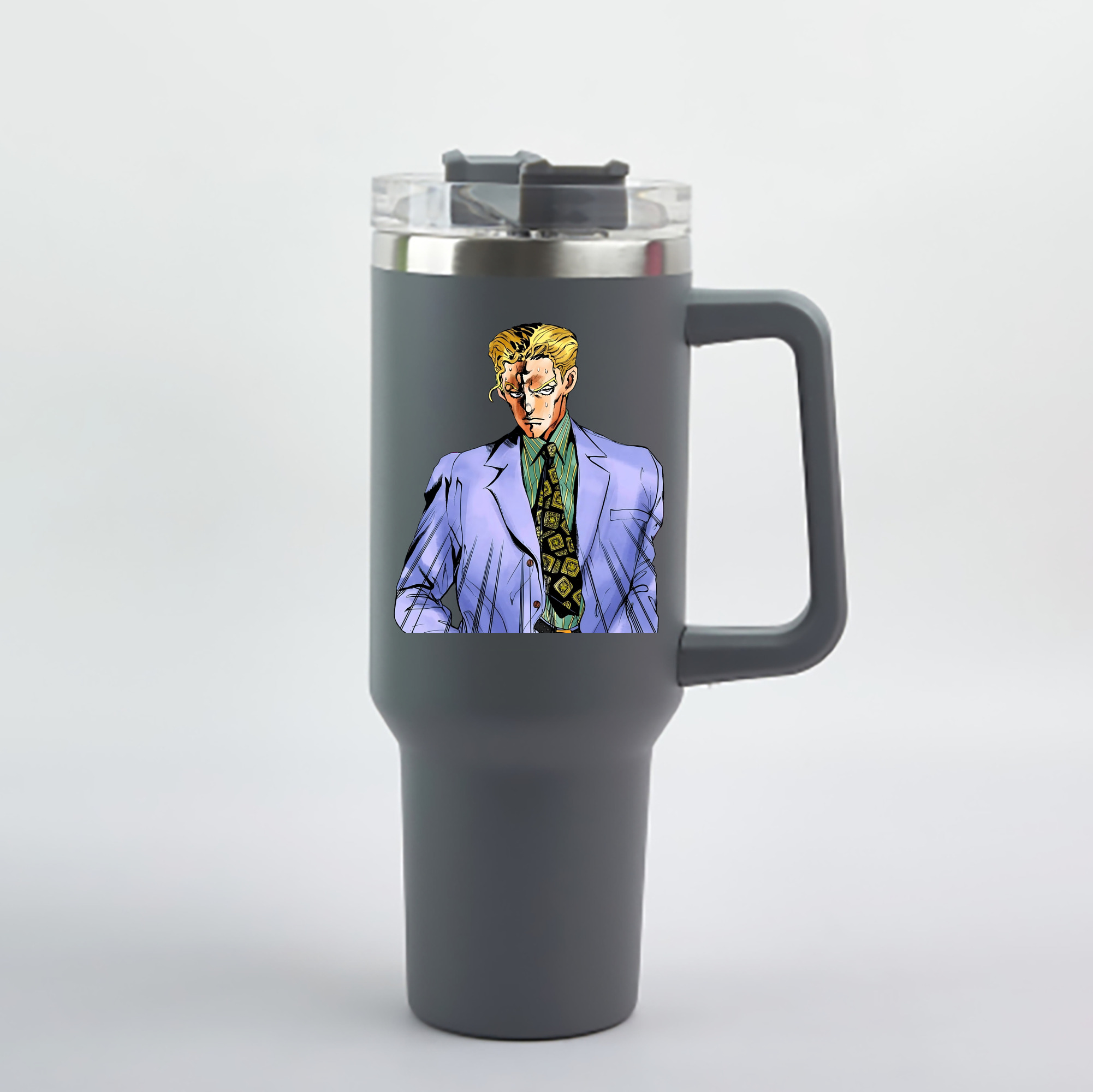 （画像用） ジョジョの奇妙な冒険 きら よしかげ JoJo's Bizarre Adventure Kira Yoshikage 1200mL車用タンブラー - クリスタルステッカー（プラスチックストロー付き）