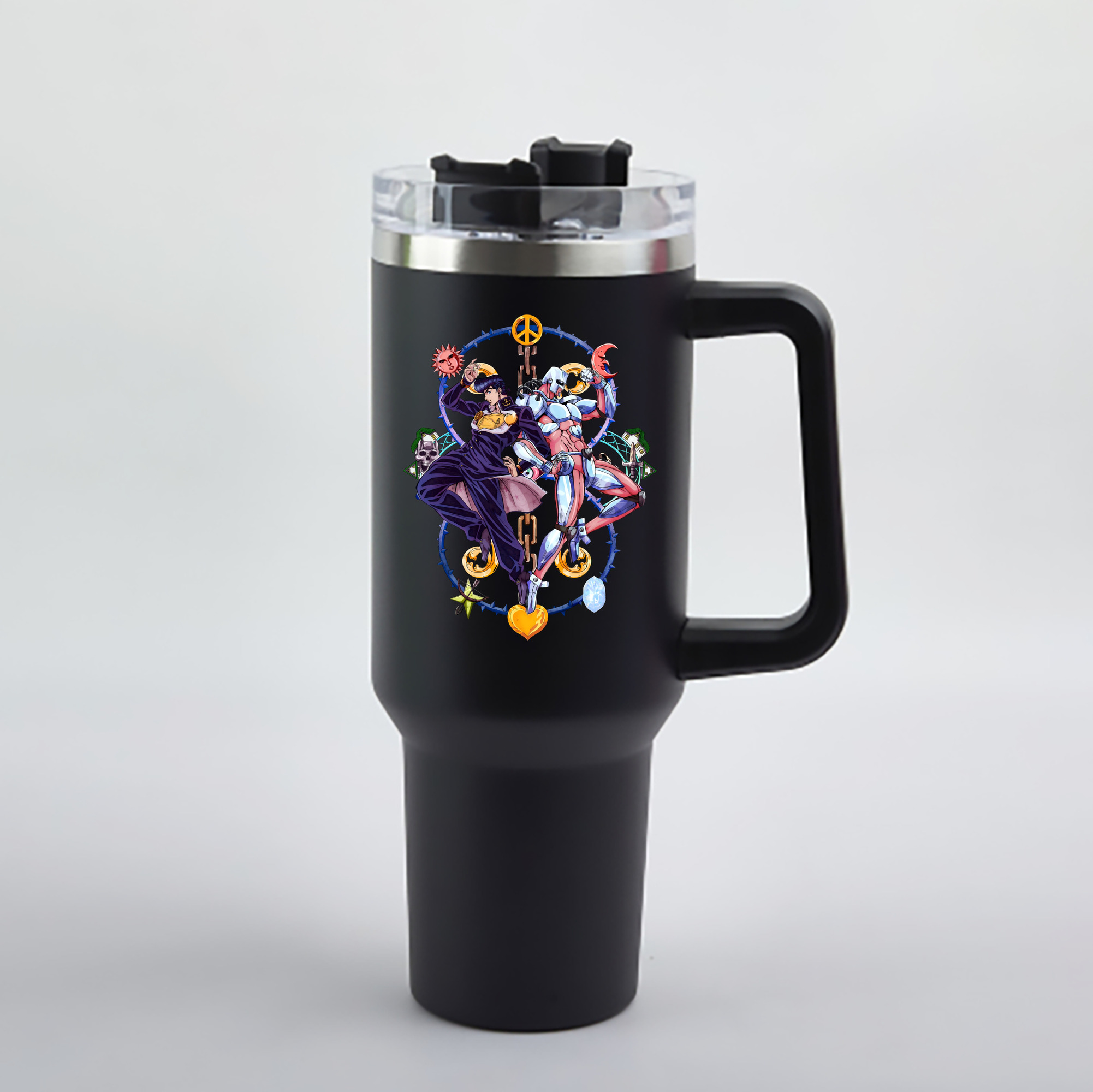 （画像用） ジョジョの奇妙な冒険 ひがしかた じょうすけ JoJo's Bizarre Adventure Higashikata Josuke 1200mL車用タンブラー - クリスタルステッカー（プラスチックストロー付き）