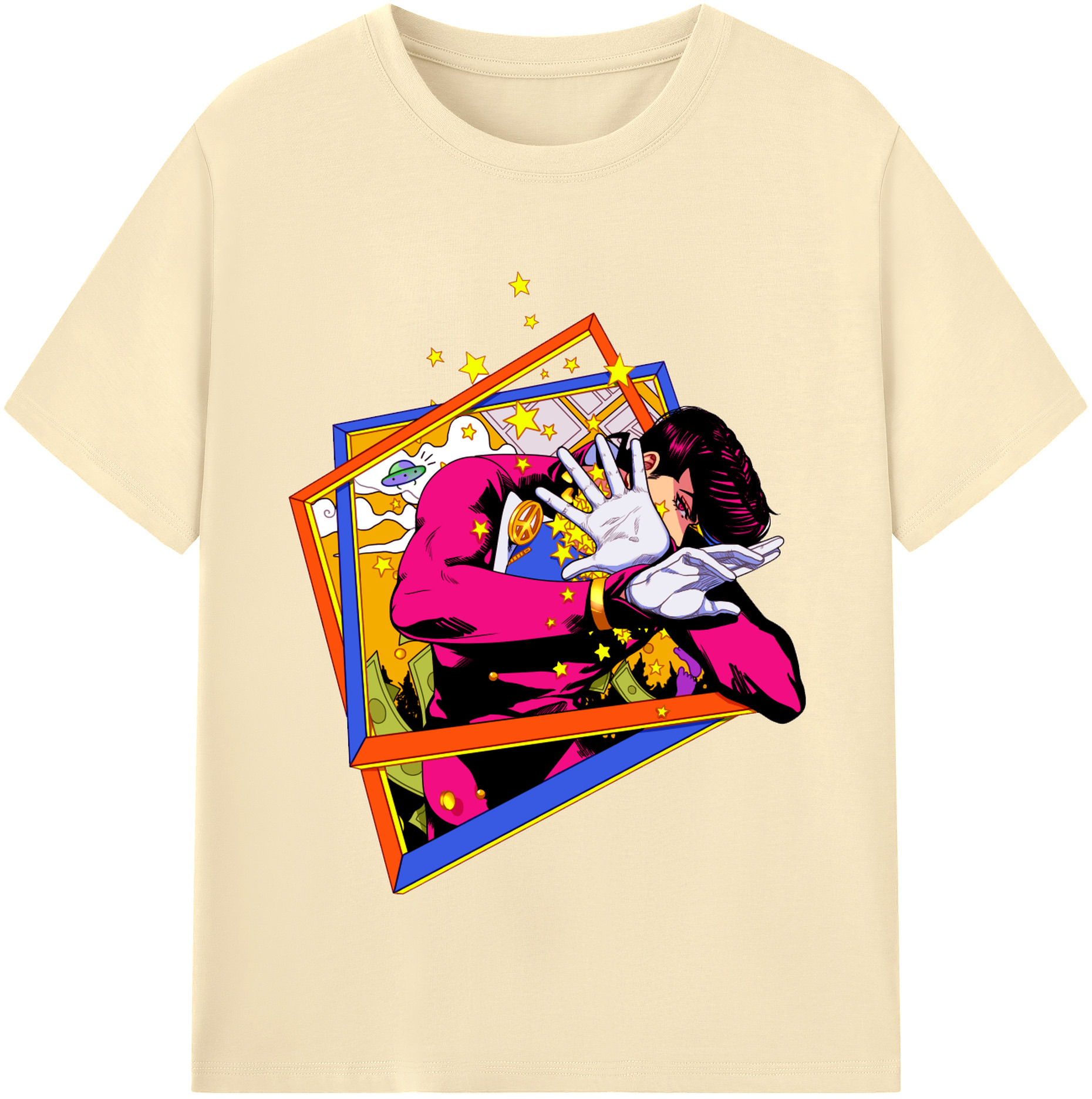 （画像用） ジョジョの奇妙な冒険 ひがしかた じょうすけ JoJo's Bizarre Adventure Higashikata Josuke 綿100％半袖Tシャツ（フロントプリント）