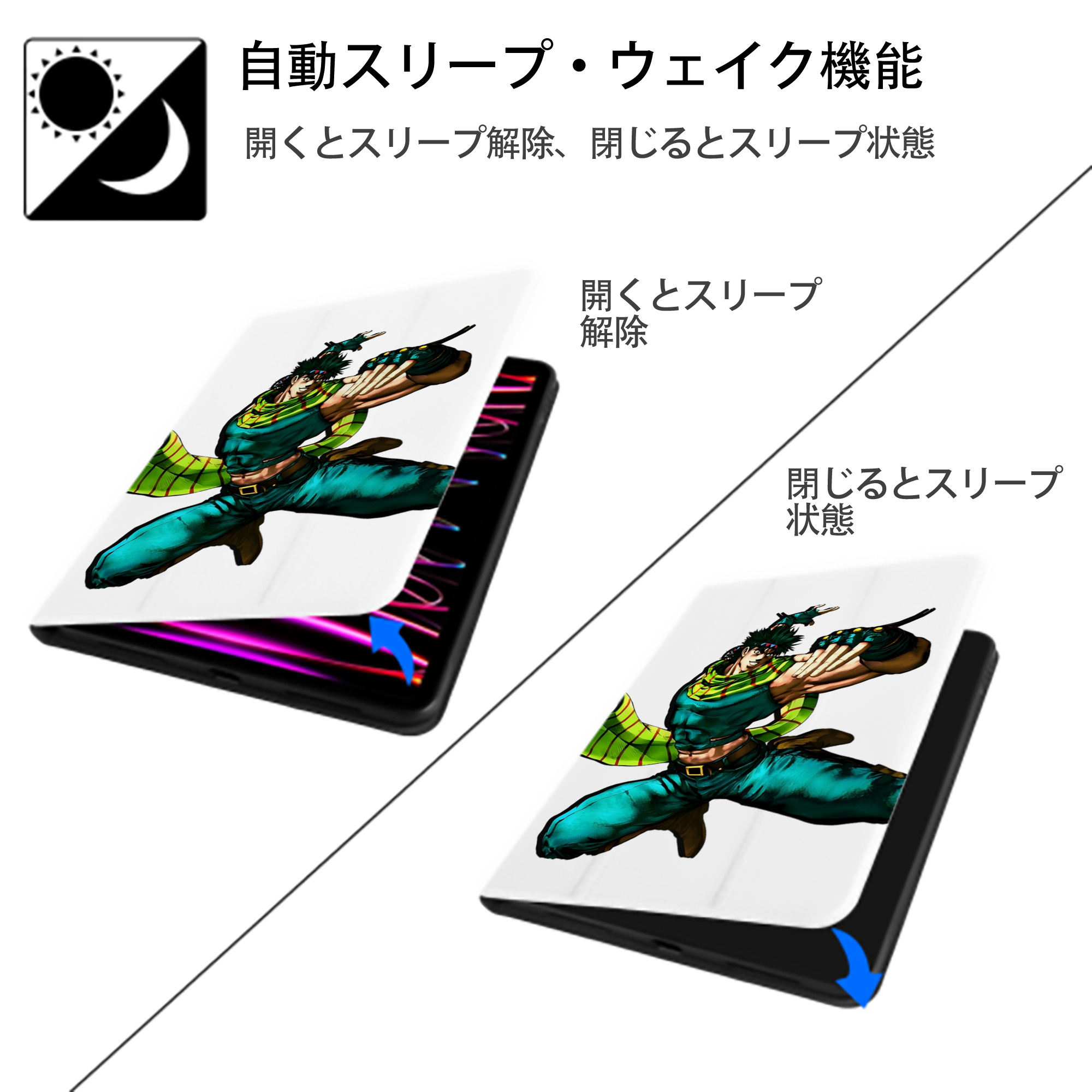 ジョジョの奇妙な冒険 ジョセフ?ジョースター JoJo's Bizarre Adventure Joseph Joestar IPad ケース ペン収納付き 三つ折りスタンド PUレザー×シリコン 対応機種9.5/10.5/10.9インチ