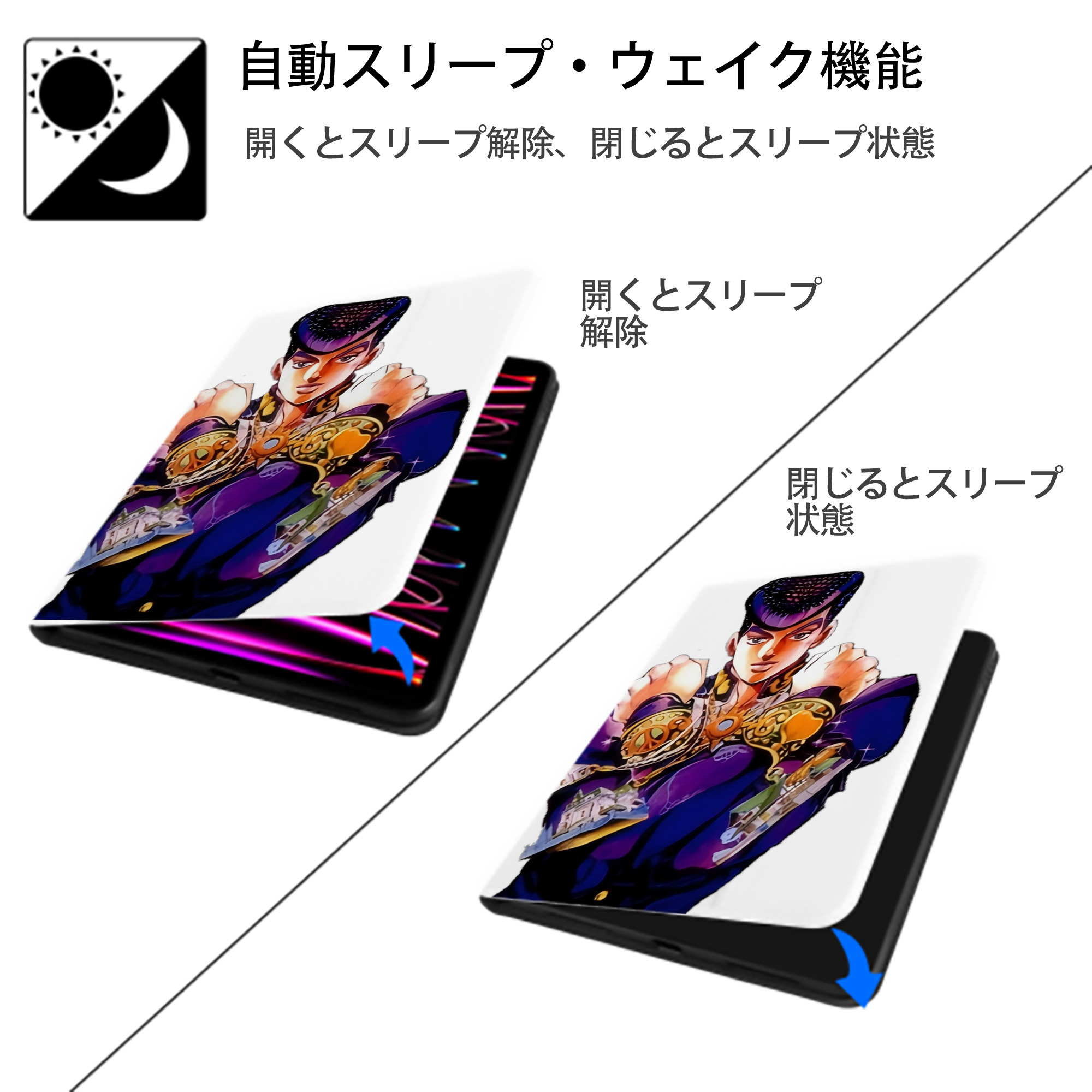 ジョジョの奇妙な冒険 ひがしかた じょうすけ JoJo's Bizarre Adventure Higashikata Josuke IPad ケース ペン収納付き 三つ折りスタンド PUレザー×シリコン 対応機種9.5/10.5/10.9インチ