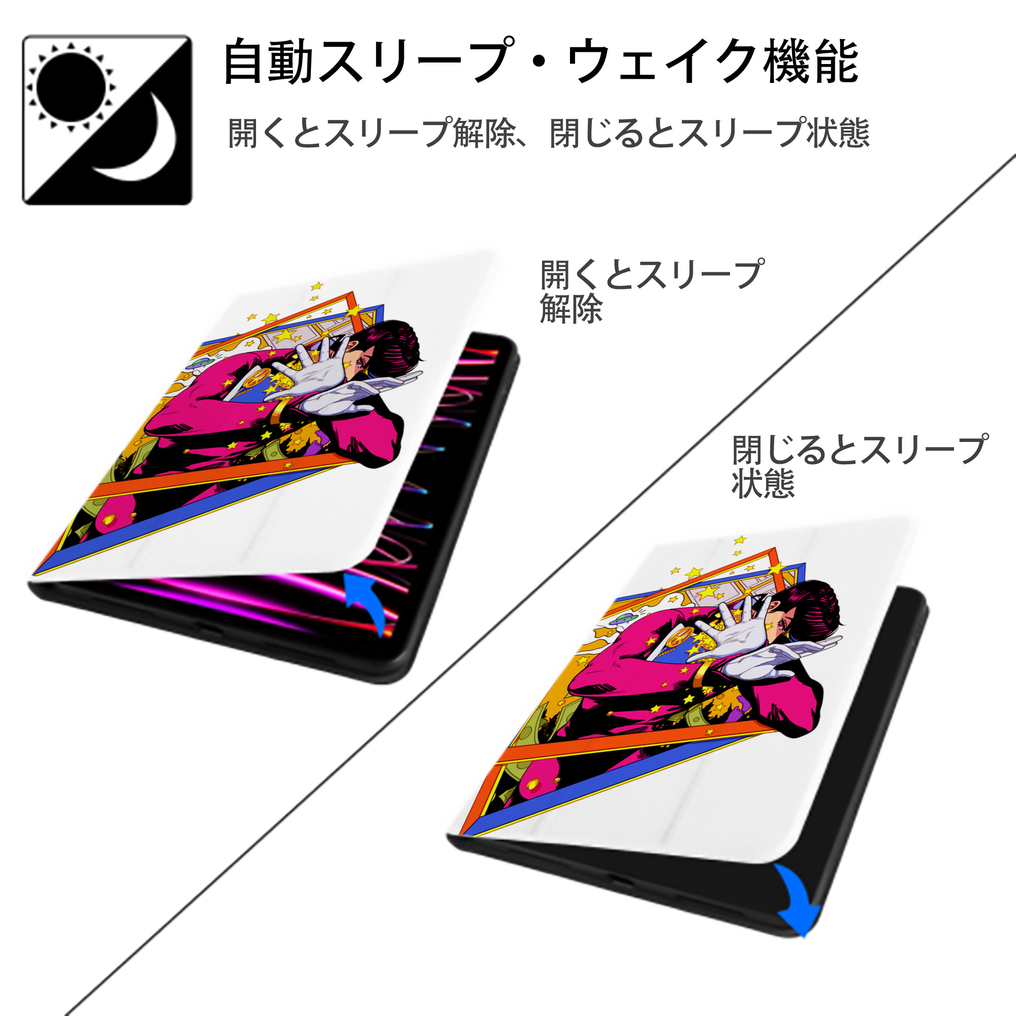 ジョジョの奇妙な冒険 ひがしかた じょうすけ JoJo's Bizarre Adventure Higashikata Josuke IPad ケース ペン収納付き 三つ折りスタンド PUレザー×シリコン 対応機種9.5/10.5/10.9インチ