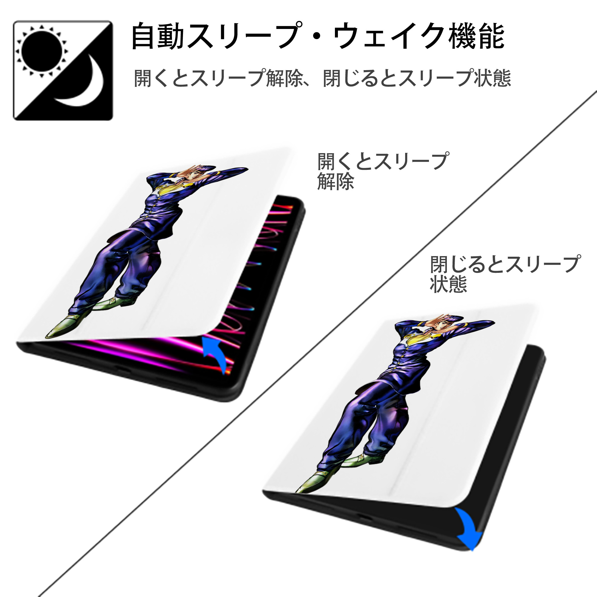 ジョジョの奇妙な冒険 ひがしかた じょうすけ JoJo's Bizarre Adventure Higashikata Josuke IPad ケース ペン収納付き 三つ折りスタンド PUレザー×シリコン 対応機種9.5/10.5/10.9インチ