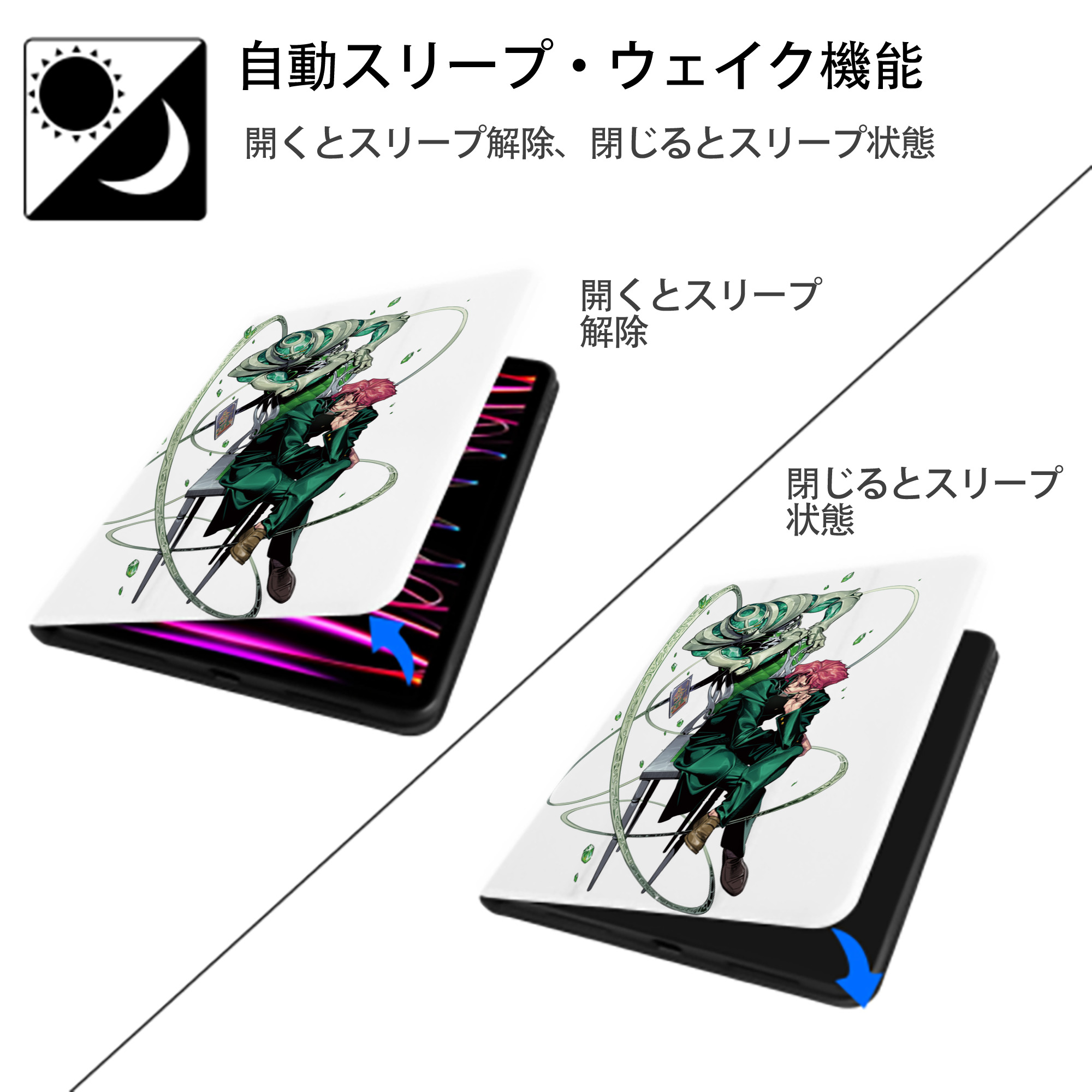 ジョジョの奇妙な冒険 花京院 典明（かきょういん のりあき） JoJo's Bizarre Adventure Kakyoin Noriaki IPad ケース ペン収納付き 三つ折りスタンド PUレザー×シリコン 対応機種9.5/10.5/10.9インチ