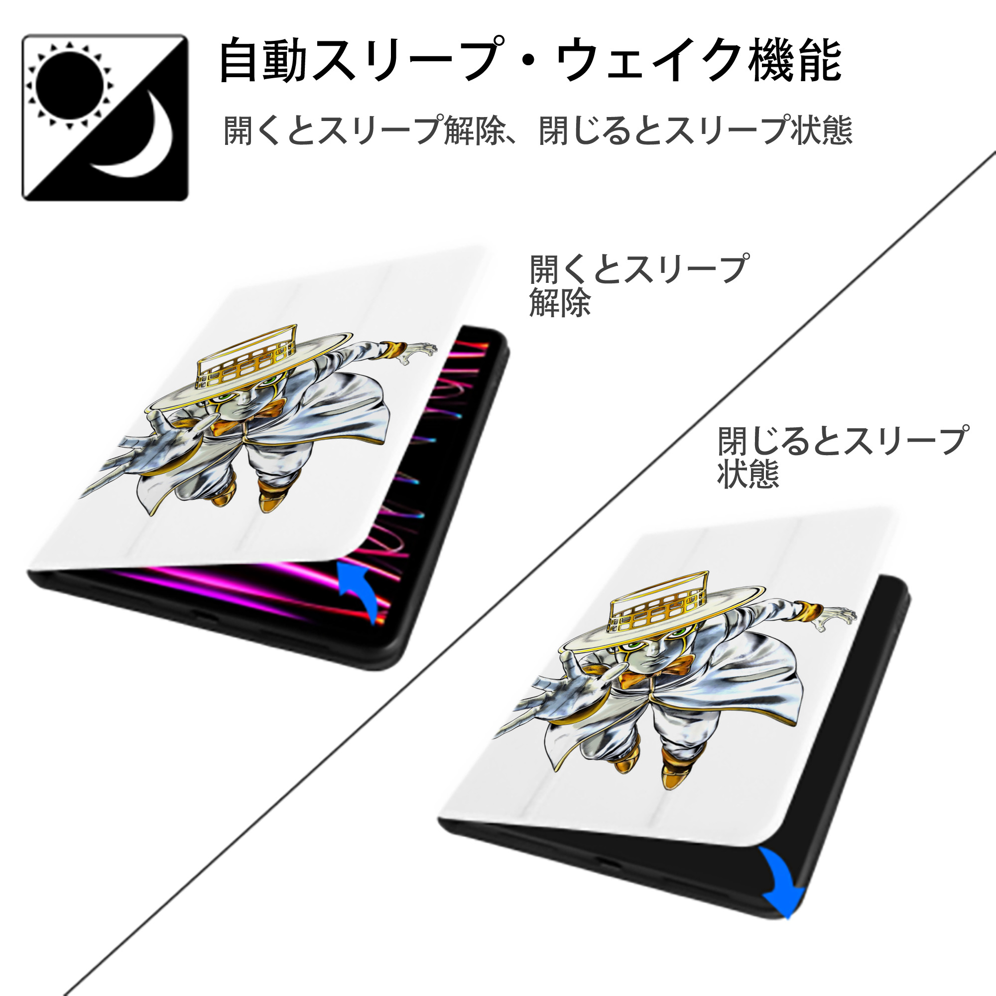 ジョジョの奇妙な冒険 岸辺 露伴（きしべ ろはん） JoJo's Bizarre Adventure Rohan Kishibe IPad ケース ペン収納付き 三つ折りスタンド PUレザー×シリコン 対応機種9.5/10.5/10.9インチ
