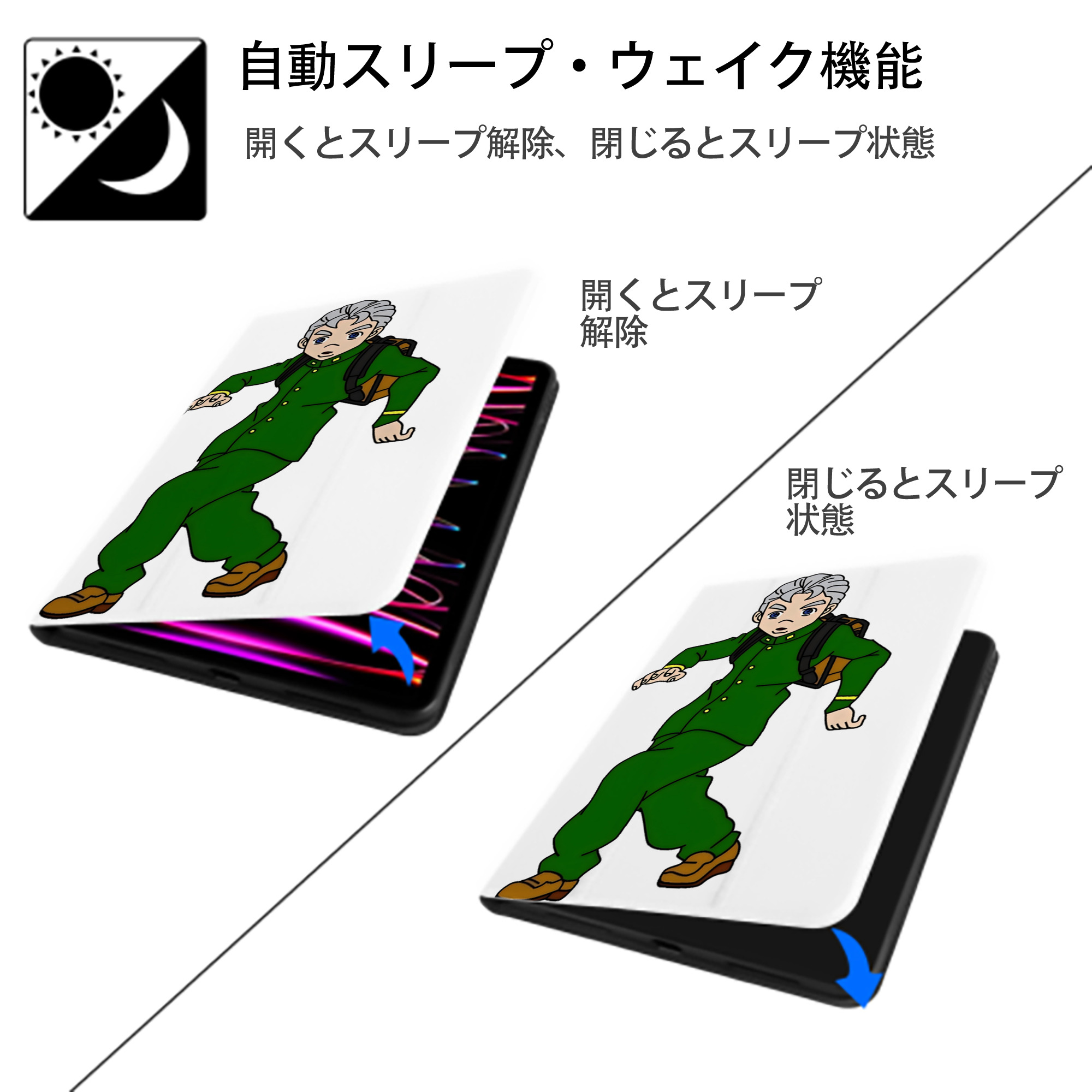 ジョジョの奇妙な冒険 広瀨康一 JoJo's Bizarre Adventure Hirose Koichi IPad ケース ペン収納付き 三つ折りスタンド PUレザー×シリコン 対応機種9.5/10.5/10.9インチ