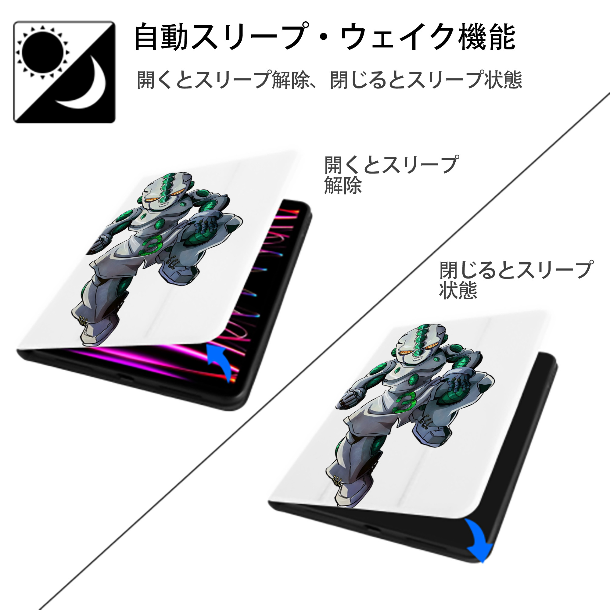 ジョジョの奇妙な冒険 広瀨康一 JoJo's Bizarre Adventure Hirose Koichi IPad ケース ペン収納付き 三つ折りスタンド PUレザー×シリコン 対応機種9.5/10.5/10.9インチ