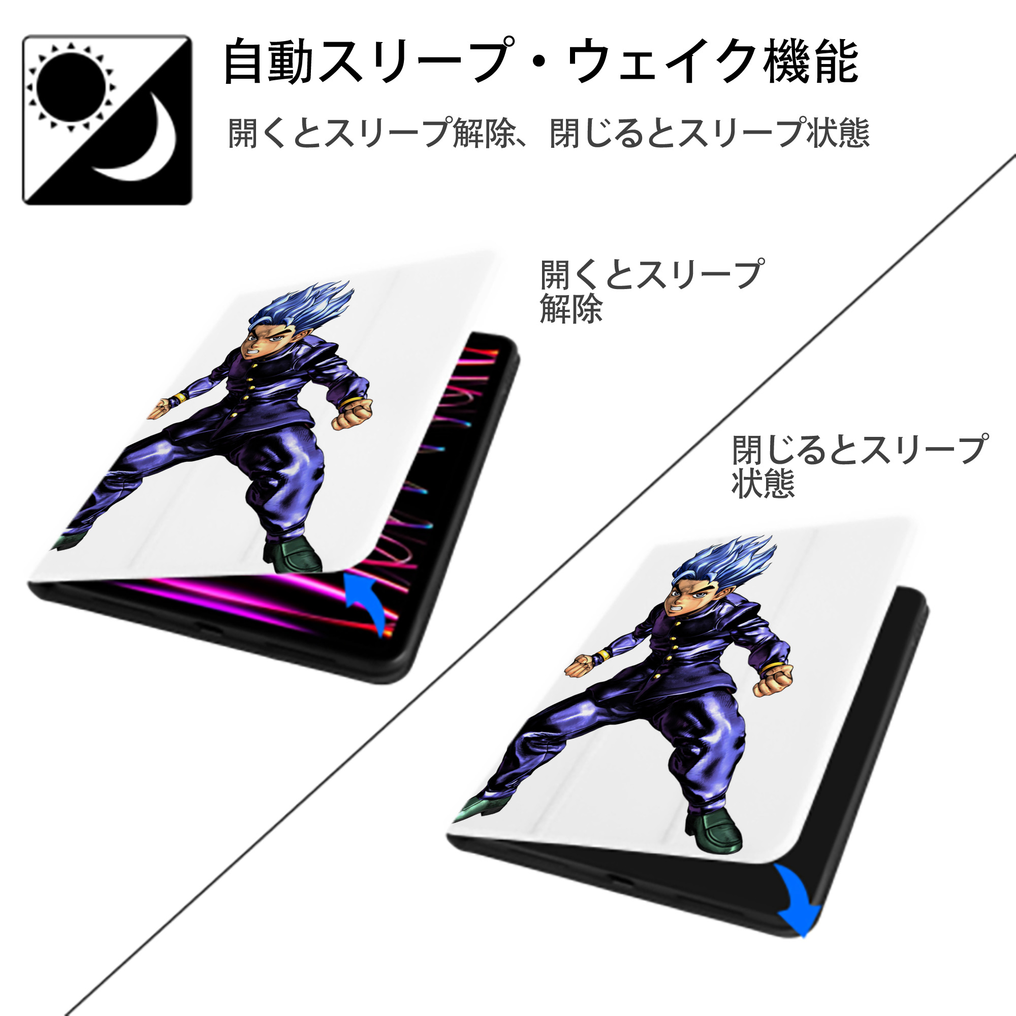 ジョジョの奇妙な冒険 広瀨康一 JoJo's Bizarre Adventure Hirose Koichi IPad ケース ペン収納付き 三つ折りスタンド PUレザー×シリコン 対応機種9.5/10.5/10.9インチ